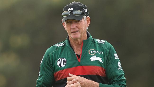 SYDNEY, AUSTRALIA - MARCH 06: South Sydney Rabbitohs head coach Wayne Bennett looks on during a South Sydney Rabbitohs NRL training session at USANA Rabbitohs Centre on March 06, 2025 in Sydney, Australia. (Photo by Mark Metcalfe/Getty Images)