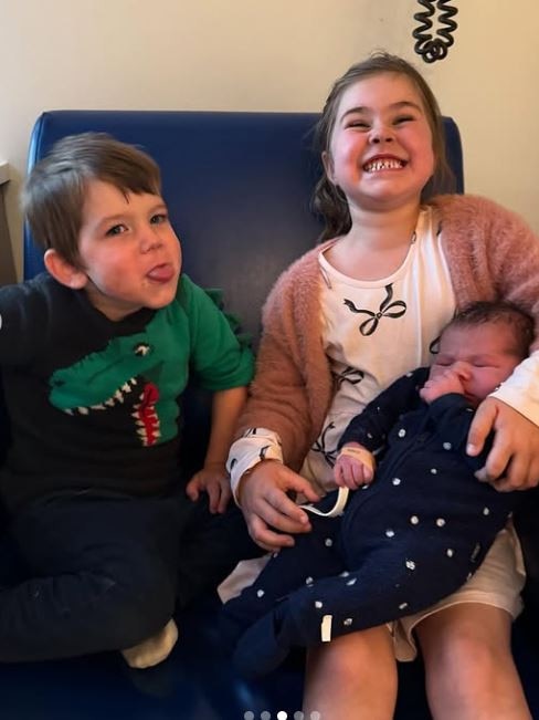 Ex-Cat Isaac Smith has shared new baby news via Instagram, announcing the arrival of son Pierce Laurence born May 4, pictured with proud older siblings. Picture: Instagram