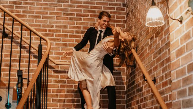 Conor Honeywill and Emilia Kosiek went viral on TikTok when their entrance into the reception went wrong. Picture: Common Studios