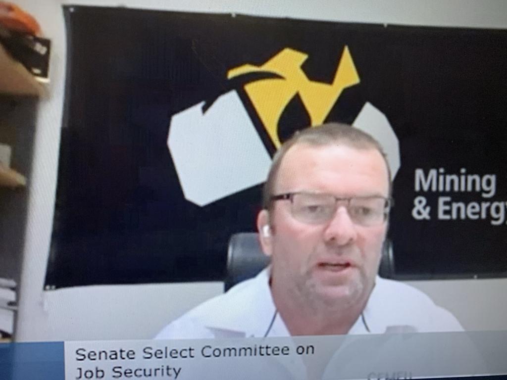 CFMEU Queensland's mining and energy chief Stephen Smyth during the Senate Select Committee on Job Security. Picture: Parliament livestream