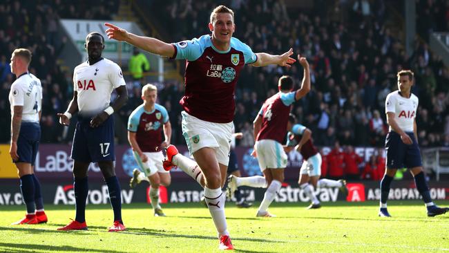 Burnley’s Chris Wood celebrates after scoring his team’s first goal against Tottenham at Turf Moor. Picture: Getty Images
