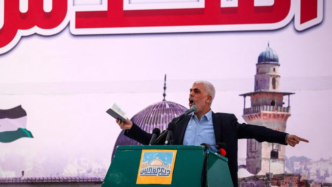 Yahya al-Sinwar, Hamas’ Gaza Strip chief addresses supporters. Picture: AFP.