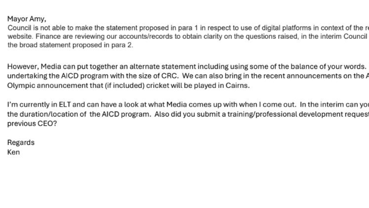An email received through a Right to Information request has revealed that Cairns Regional Council CEO Ken Gouldthorp wouldn't endorse a statement drafted by mayor Amy Eden regarding her use of ratepayer funds.
