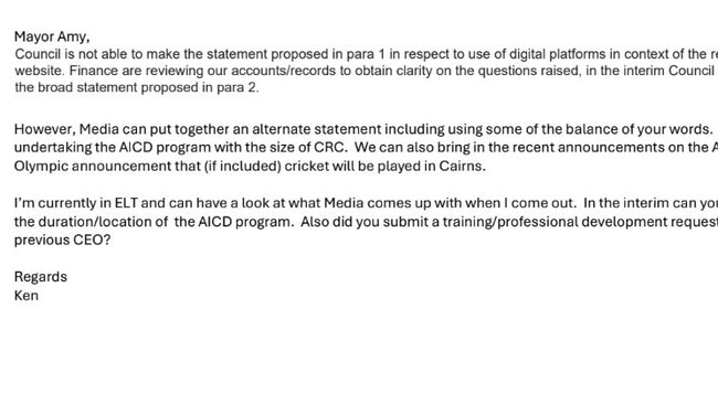 An email received through a Right to Information request has revealed that Cairns Regional Council CEO Ken Gouldthorp wouldn't endorse a statement drafted by mayor Amy Eden regarding her use of ratepayer funds.
