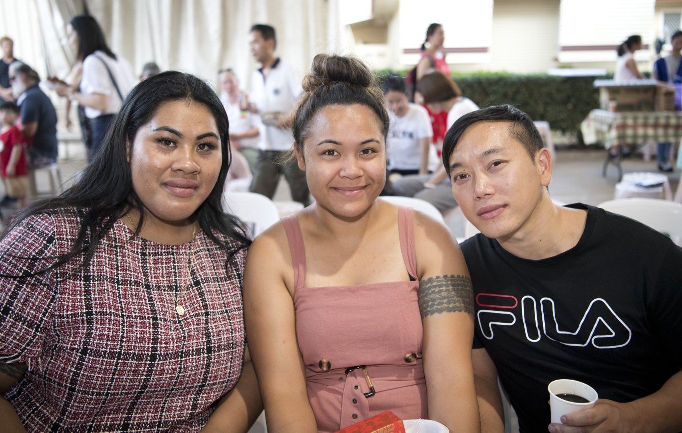 ( From left ) Theresa Vaise, Tima Xiong and Adam Xiong. Pure Land Learning College Christmas party. Picture: Nev Madsen. Saturday 14th Dec, 2019