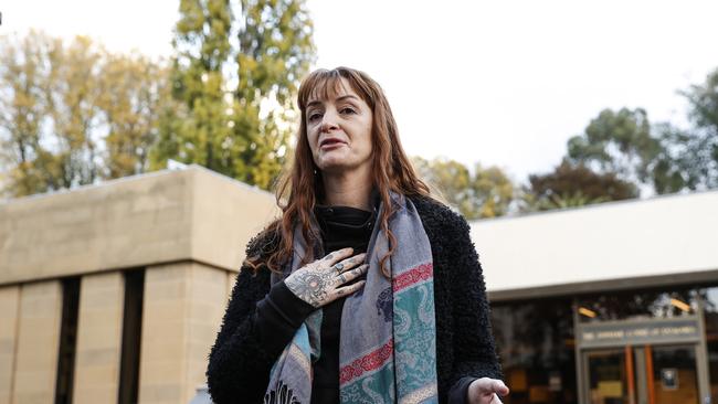 Mother of Jari Wise, Faith Tkalac addresses the media outside of the Supreme Court of Tasmania as Melissa Oates was sentenced. Picture: Zak Simmonds