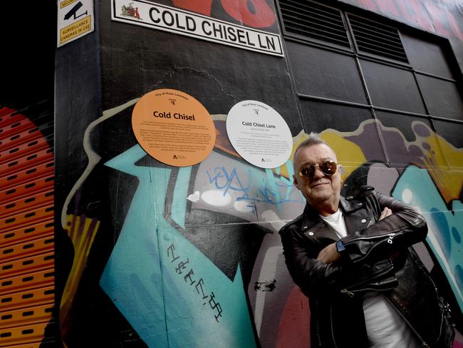 27/3/2021 - Cold Chisel front man Jimmy Barnes in the newly named Cold Chisel Lane in the CBD off Currie Street. Picture: Naomi Jellicoe