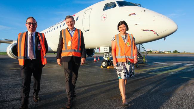 Remember when.... Qantas CEO Alan Joyce, then-NT Chief Minister Michael Gunner and then-Tourism Minister Natasha Fyles ahead of an announcement of new routes out of Darwin in February 2022. Picture: Glenn Campbell