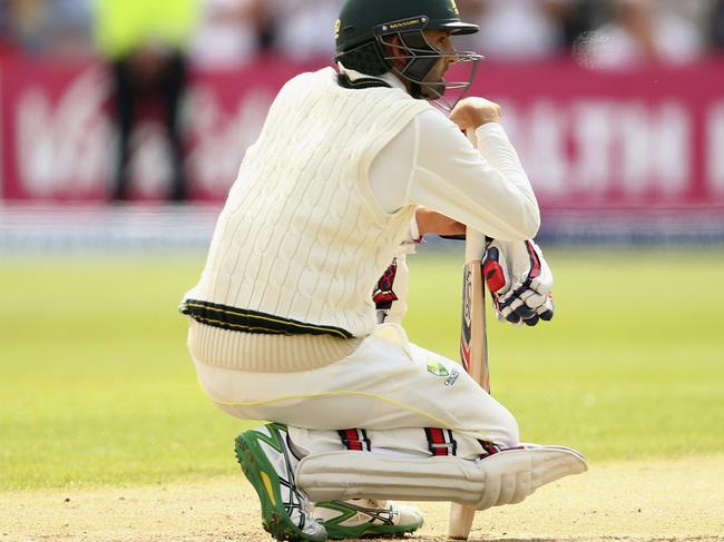 NOTTINGHAM, ENGLAND - AUGUST 08: Nathan Lyon of Australia looks dejected after being dismissed by Mark Wood of England during day three of the 4th Investec Ashes Test match between England and Australia at Trent Bridge on August 8, 2015 in Nottingham, United Kingdom. (Photo by Ryan Pierse/Getty Images)