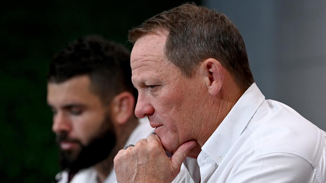 Broncos coach Kevin Walters and Adam Reynolds talk to the media after Brisbane’s loss to Melbourne. Picture: Getty Images