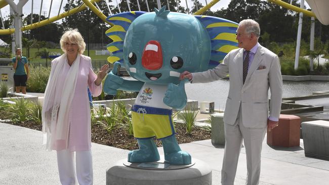 Camilla, Duchess of Cornwall, and Prince Charles pose with the 2018 Commonwealth Games mascot, Borobi, during a visit to Athlete’s Village. Picture: William West - Pool/Getty Images