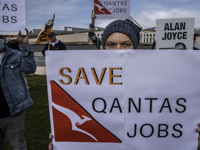 Qantas staff during a protest out the front of Parliament House in Canberra. Picture: NCA NewsWire / Gary Ramage