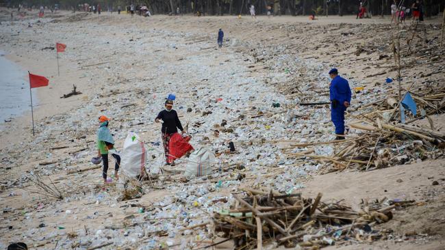 Rubbish washed up on Kuta beach. Picture: AFP