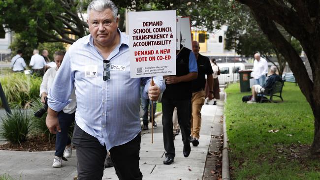 An anti co-ed protest outside Stanmore’s Newington College. Picture: Richard Dobson