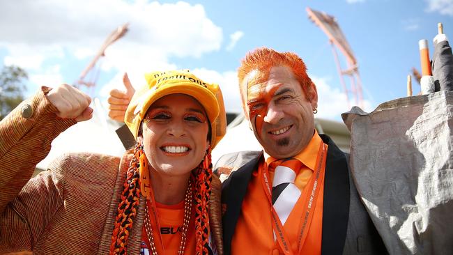 Loyal Giants fans Kath and Seb Dell’Orefice from Hammondville plan on being at every game this year to cheer their team on. Picture Mark Metcalfe/Getty Images