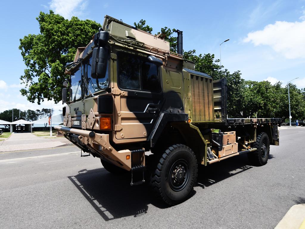 An army vehicle is seen along the Esplanade after the 77th Anniversary of the Bombing of Darwin on Tuesday, February 19, 2019. Picture: KERI MEGELUS