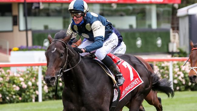 Sir Dragonet (IRE) ridden by Glen Boss wins the Ladbrokes Cox Plate at Moonee Valley Racecourse on October 24, 2020 in Moonee Ponds, Australia. (George Salpigtidis/Racing Photos via Getty Images)