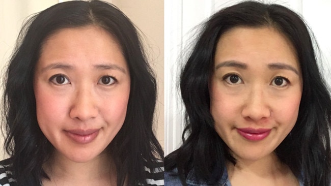 Carla, before and after using peel off makeup. Picture: Supplied