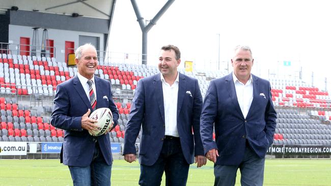 Bob Jones the Chairman of the RDRLFC, Terry Reader the NRL Bid director, Tony Murphy the CEO of the Dolphins Group. Photo: Steve Pohlner