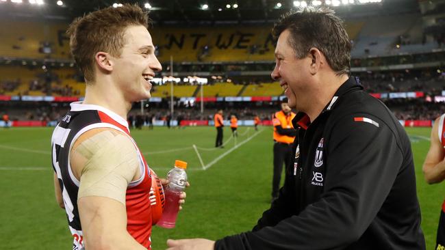 Jack Billings and Brett Ratten enjoy the caretaker coach’s third win. Picture: Getty Images