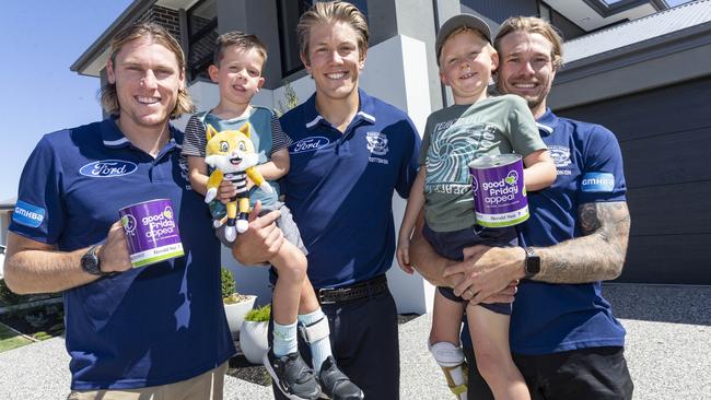 Geelong champions  met up with Malu Hunt and Ollie Wedding. Picture: Alan Barber