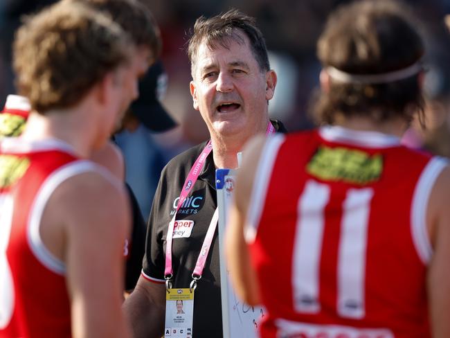 MELBOURNE, AUSTRALIA - MARCH 03: Ross Lyon, Senior Coach of the Saints addresses his players during the 2023 AFL practice match between the St Kilda Saints and the Essendon Bombers at RSEA Park on March 3, 2023 in Melbourne, Australia. (Photo by Michael Willson/AFL Photos via Getty Images)