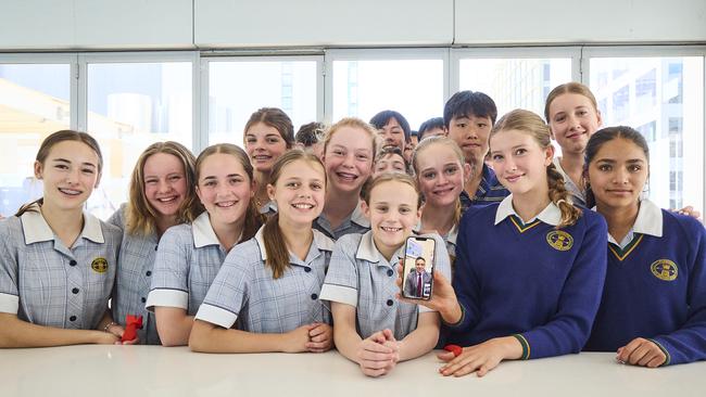 Pembroke students visited The Advertiser on Wednesday and interviewed him on the recent decision to ban kids from ocean-based surfing and swimming lessons. Picture: Matt Loxton