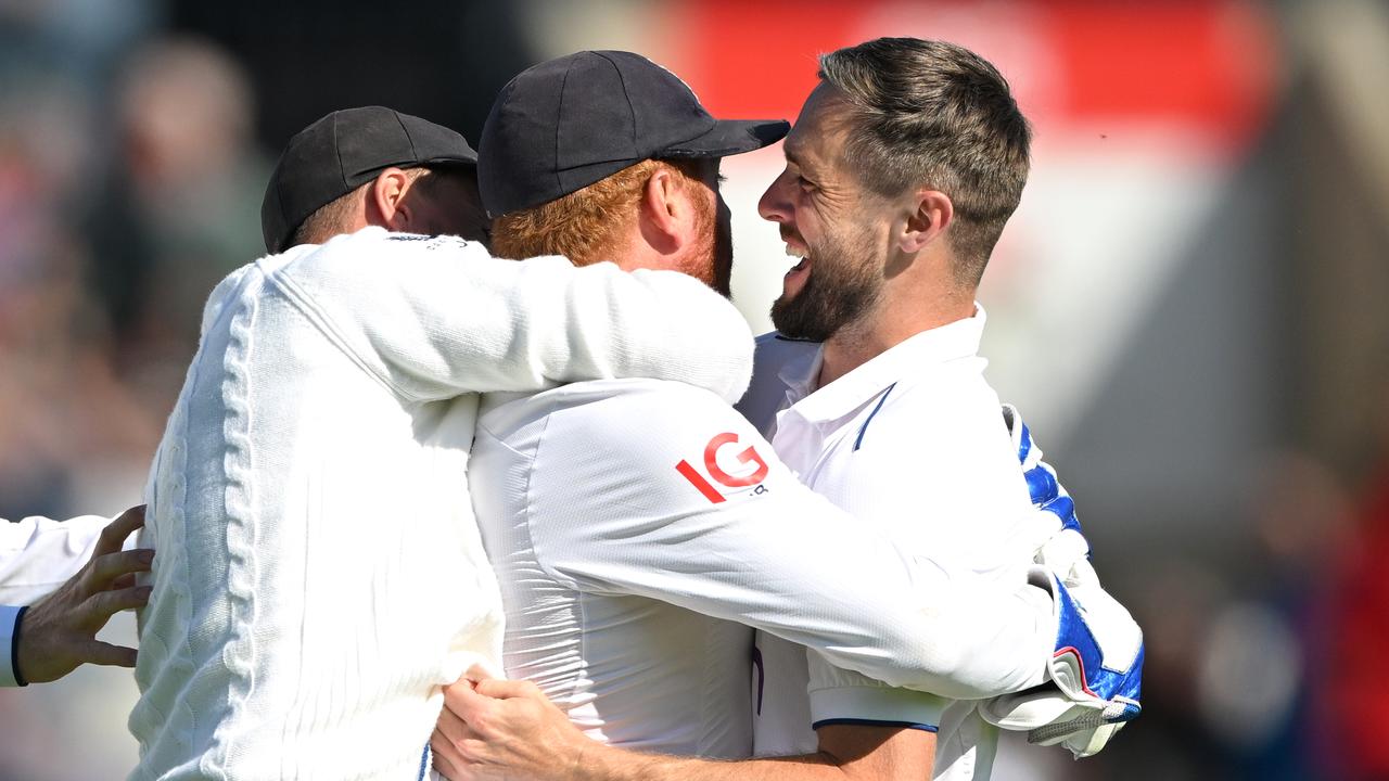 Chris Woakes of England congratulates Jonny Bairstow of England. Photo by Stu Forster/Getty Images