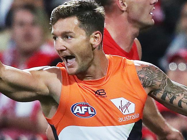 Giants Daniel Lloyd celebrates kicking a goal during the AFL Derby match between the Sydney Swans and GWS Giants at the SCG. Picture. Phil Hillyard