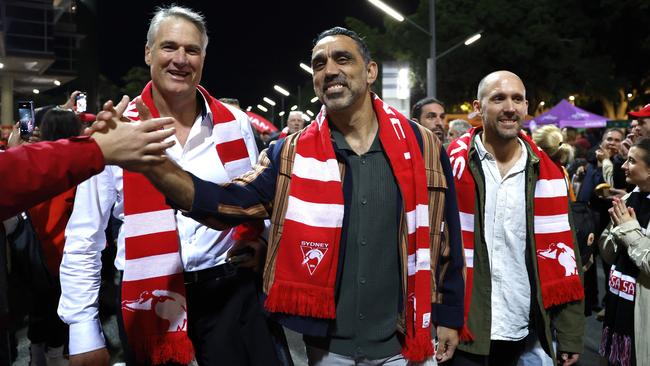 Jason Ball, Adam Goodes and Luke Ablett march to the SCG. (Photo by Phil Hillyard)