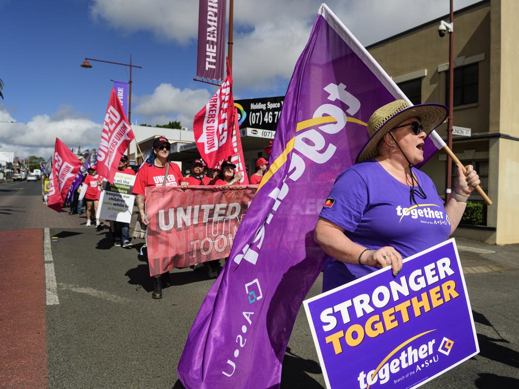 Ingrid Powderham marches with the Together union in the Toowoomba Labour Day March, Saturday, May 3, 2025. Picture: Kevin Farmer