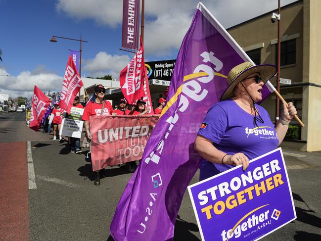 Ingrid Powderham marches with the Together union in the Toowoomba Labour Day March, Saturday, May 3, 2025. Picture: Kevin Farmer