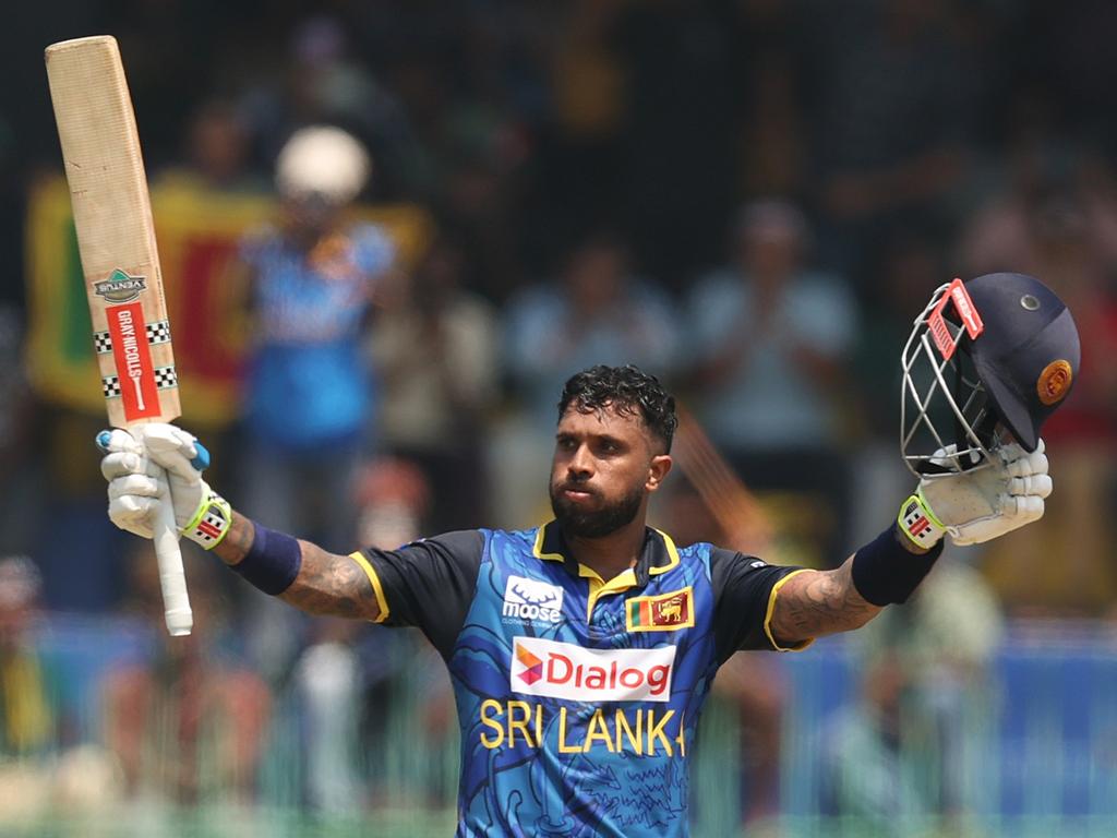 Kusal Mendis celebrates after scoring a century. Picture: Getty Images