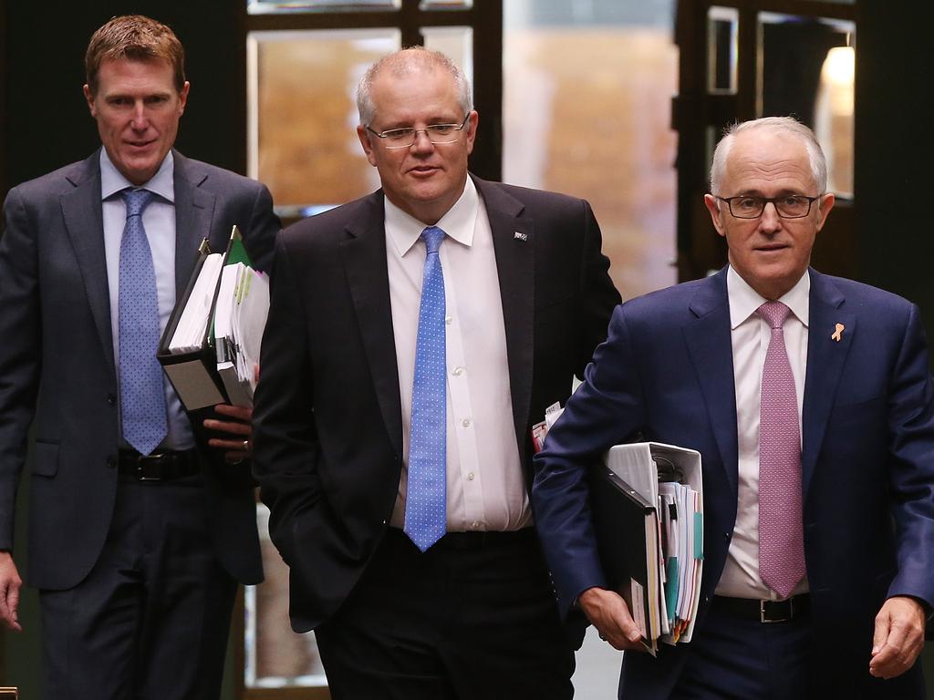 Christian Porter, Treasurer Scott Morrison and Malcolm Turnbull. Picture Kym Smith