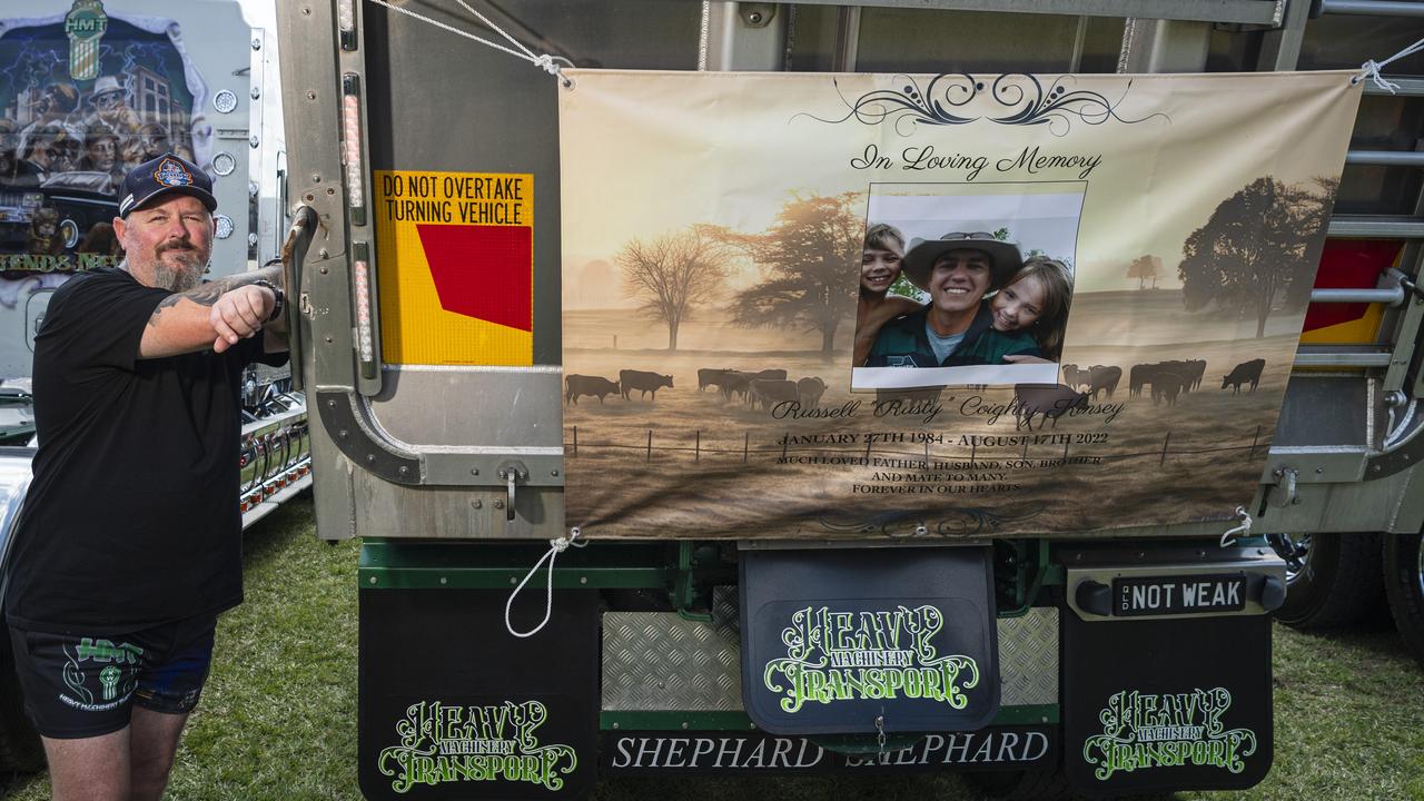 Shane Morton with the memorial on his truck for his best mate Russell "Rusty Coighty" Kinsey. Picture: Kevin Farmer