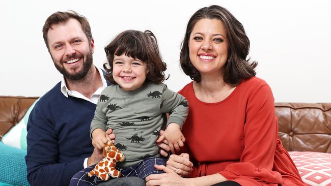 Country singer Amber Lawrence with husband Marty Newman and their two-year-old son Ike. The couple recently went through the trauma of a stillbirth. Picture: Tim Hunter