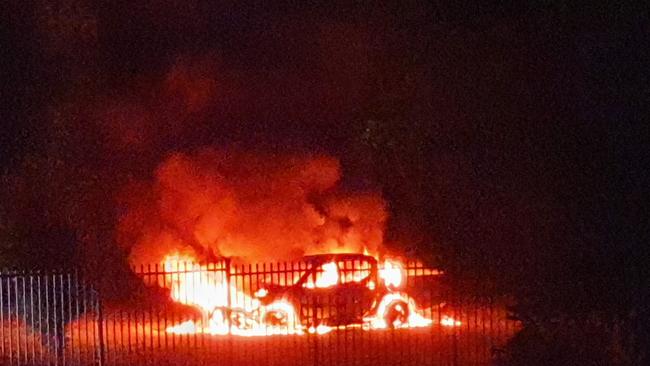 Car on fire at Earlville last week. Picture: Cairns Crimes and Alerts Facebook Page, Karen Cross.