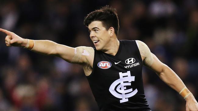 MELBOURNE, AUSTRALIA - JULY 20: Matthew Kennedy of the Blues celebrates a goal during the round 18 AFL match between the Carlton Blues and the Gold Coast Suns at Marvel Stadium on July 20, 2019 in Melbourne, Australia. (Photo by Michael Dodge/Getty Images)