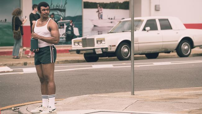 Joseph Lee Anderon as Rocky Johnson filming Young Rock in Wynnum, Brisbane. Picture: Nigel Wesley