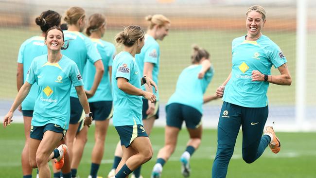 Alanna Kennedy, right, at Matildas training in Brisbane on Monday. Picture: Getty Images