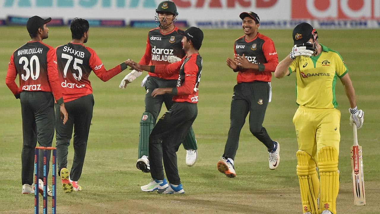 Bangladesh celebrate after the dismissal of Australia's Moises Henriques. Picture: Munir Uz zaman