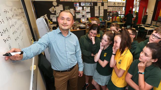 Maths teacher Lei Bao of Victoria’s Leopold Primary School won a national award for coming up with fun and innovative ways to teach maths. Picture: Mike Dugdale