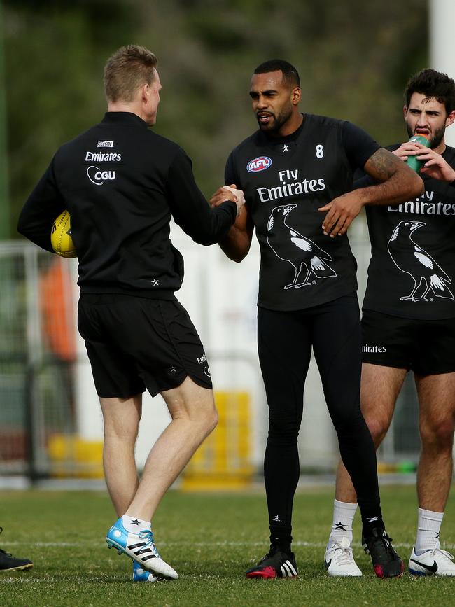 Nathan Buckley and Heritier Lumumba during training in 2014. Picture: Colleen Petch