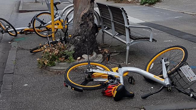 Damaged and abandoned oBikes in Melbourne. Picture: Snap Send Solve