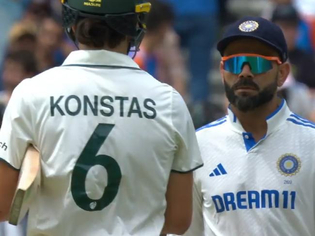 Australian teenage debutant Sam Konstas and Indian legend Virat Kohli have clashed in wild scenes on the opening day of the Boxing Day Test. Picture FOX Sport