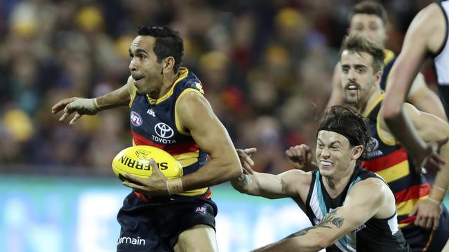 Eddie Betts dances away from Jasper Pittard in Showdown 45. Picture: Sarah Reed.