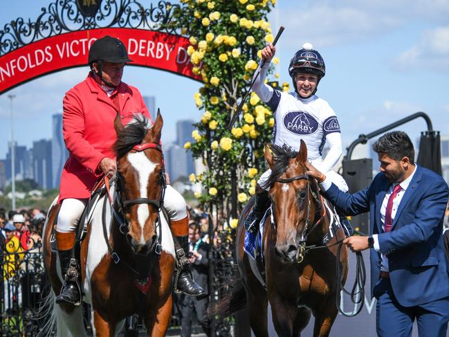 Rachel King returns to the mounting yard on Ozzmosis after winning the Coolmore Stud Stakes at Flemington Racecourse on November 04, 2023 in Flemington, Australia. (Photo by Reg Ryan/Racing Photos via Getty Images)