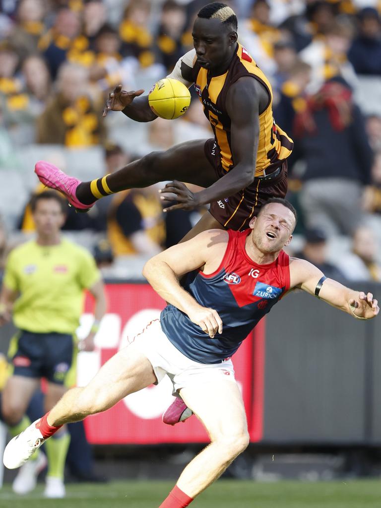 Mabior Chol collides with Steven May. Picture: Getty Images