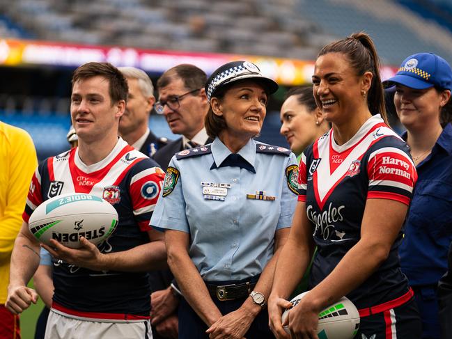 Karen Webb with Luke Keary and Millie Elliott. Picture: Roosters Digital