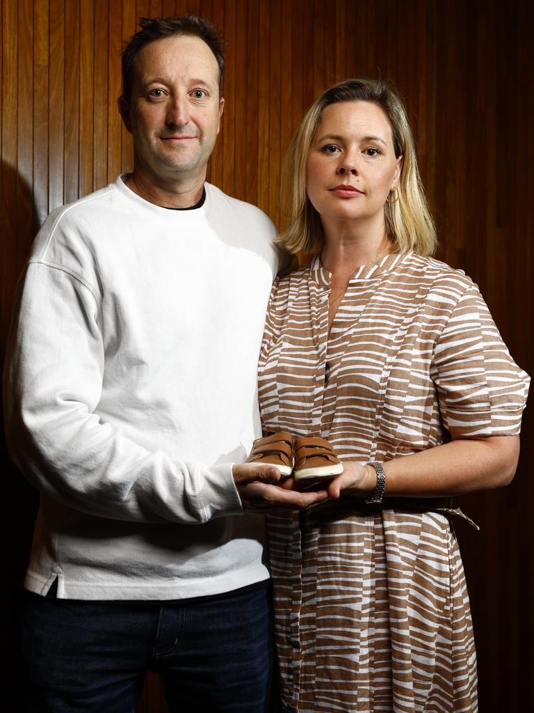 Elouise and Danny Massa, holding the shoes of their son Joe, who tragically died at Northern Beaches Hospital, after the community forum on Wednesday. Picture: Jonathan Ng